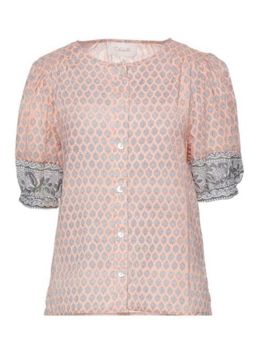 Cleobella Button Front Short Sleeve Blouse Size XS Salmon Pink Grey Boho Floral